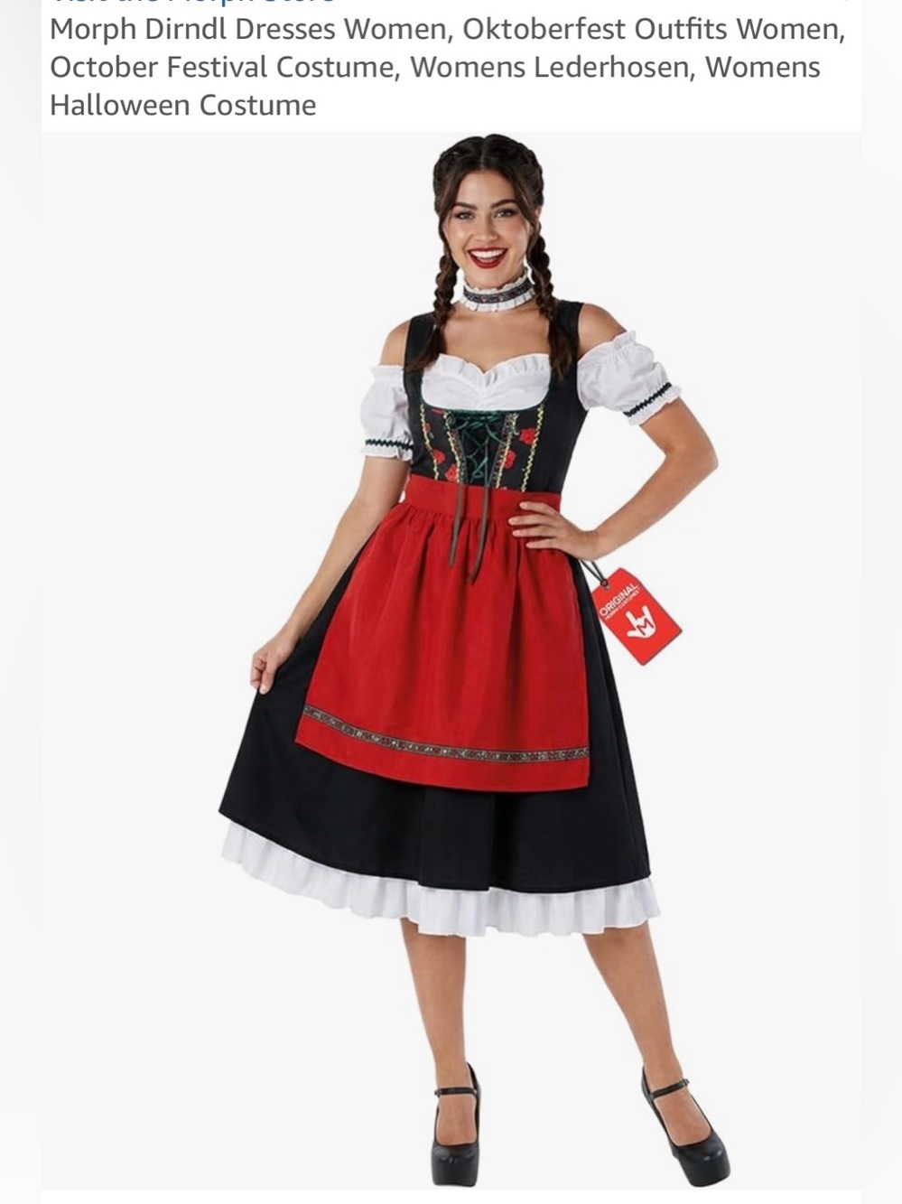 Traditional Black Midi Dirndl Dress with Red Apron